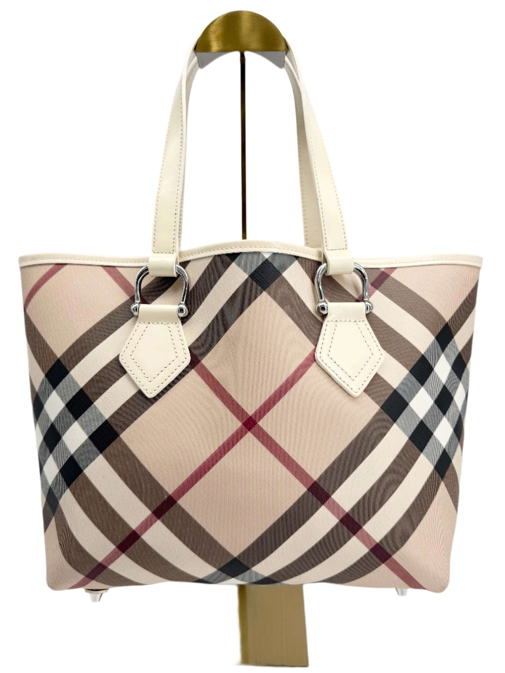 Burberry Nova Check Large Nickie Tote in white leather and classic check pattern, showcasing elegant design and spacious functionality.
