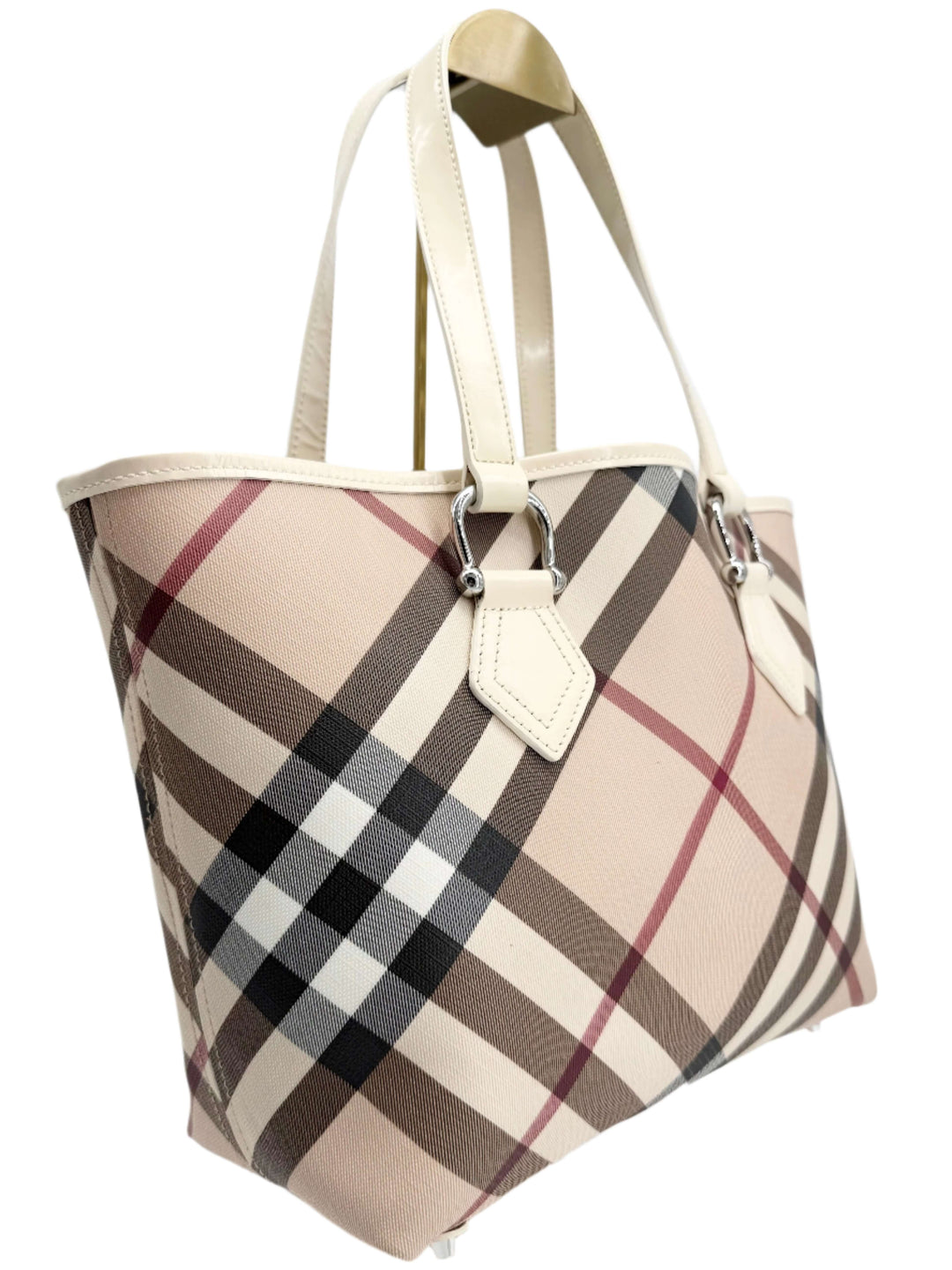 Burberry Nova Check Large Nickie Tote in white leather with classic house check pattern, showcasing timeless elegance.