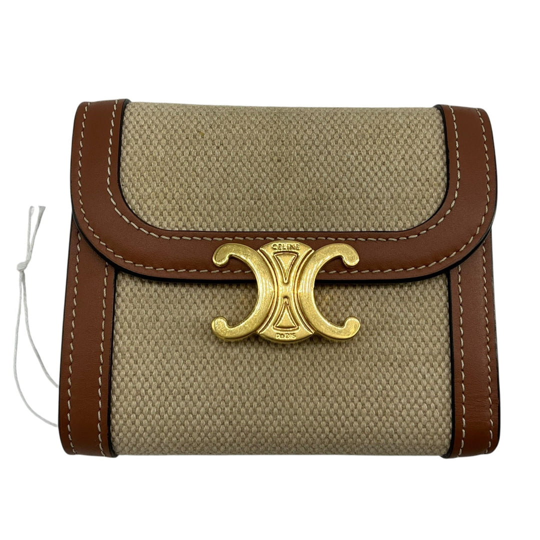 Celine Textile Triomphe Compact Wallet Natural Tan front with gold hardwar