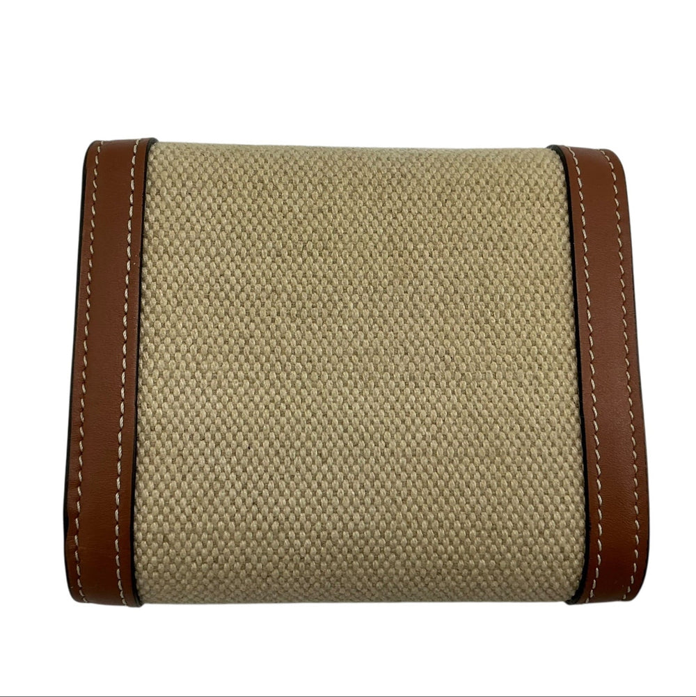 Celine Triomphe Compact Wallet natural woven textile reverse with tan leather trim
