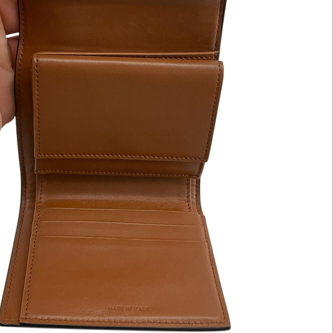 Celine Triomphe Compact Wallet tan leather interior with card slots and Made in Italy marking