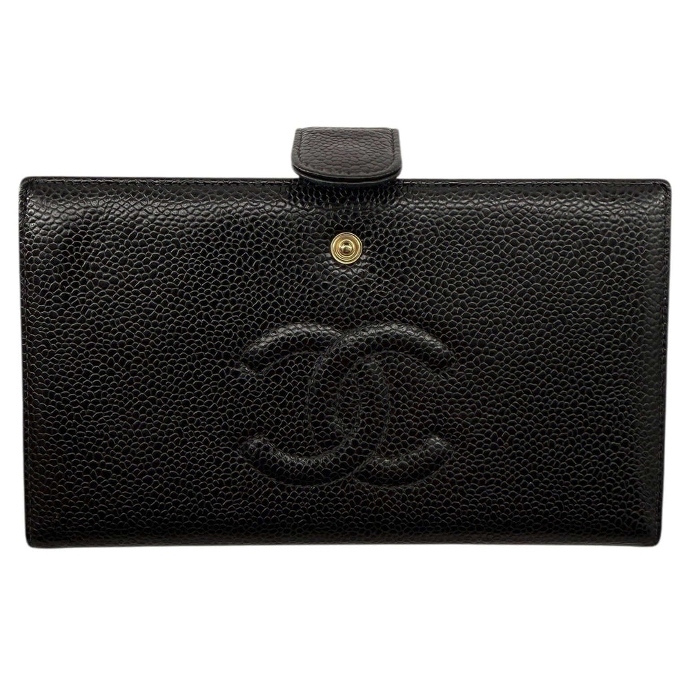 Chanel Black Caviar Leather French Purse Wallet with gold hardware and interlocking CC logo.