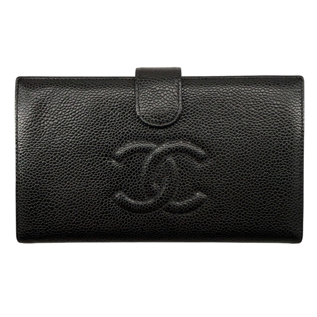 Chanel Black Caviar Leather French Purse Wallet featuring iconic CC logo and gold hardware in a classic design.