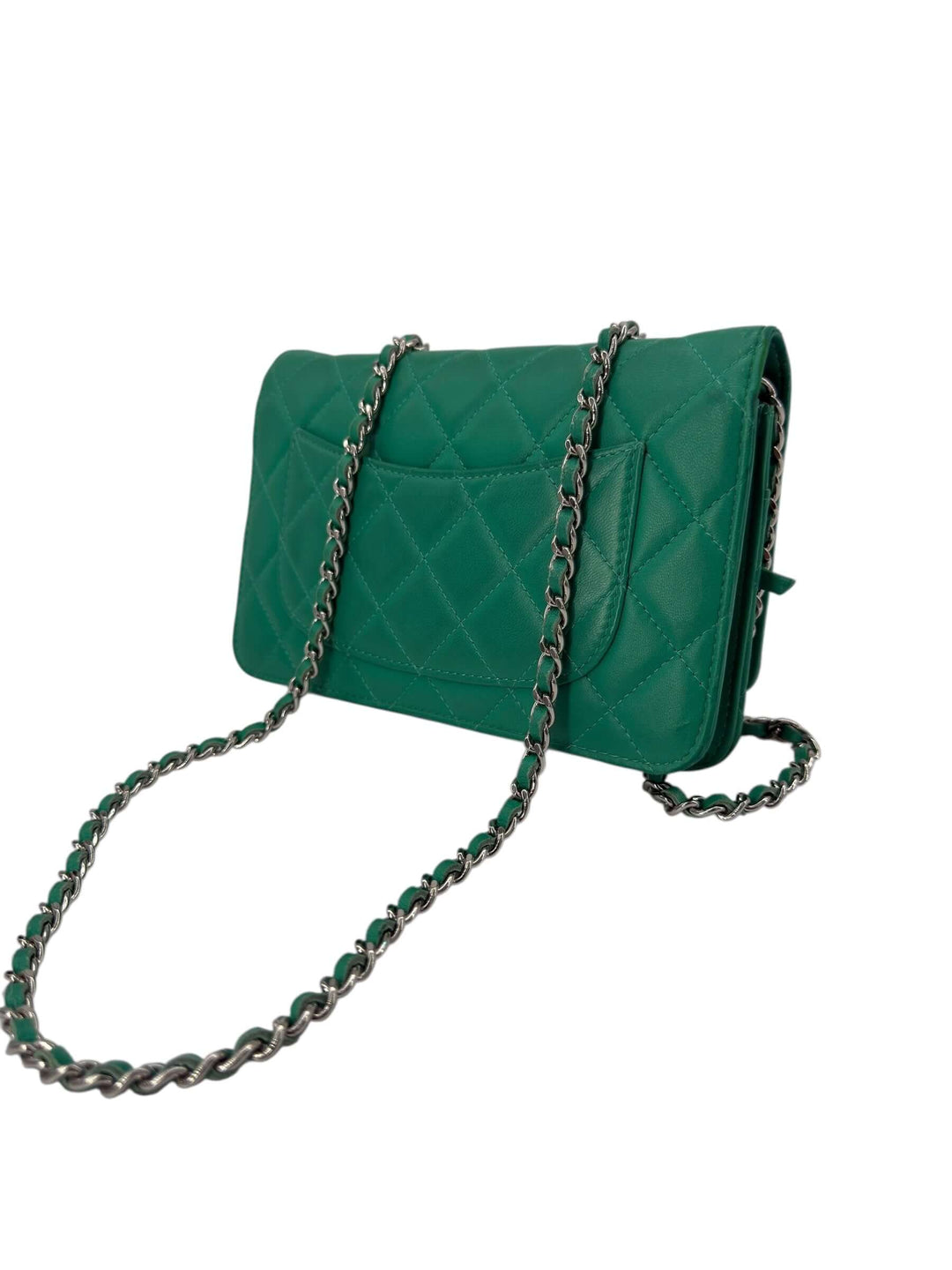 Chanel Green Quilted Leather Wallet on Chain with Silver Hardware showcasing quilted design and chain strap.