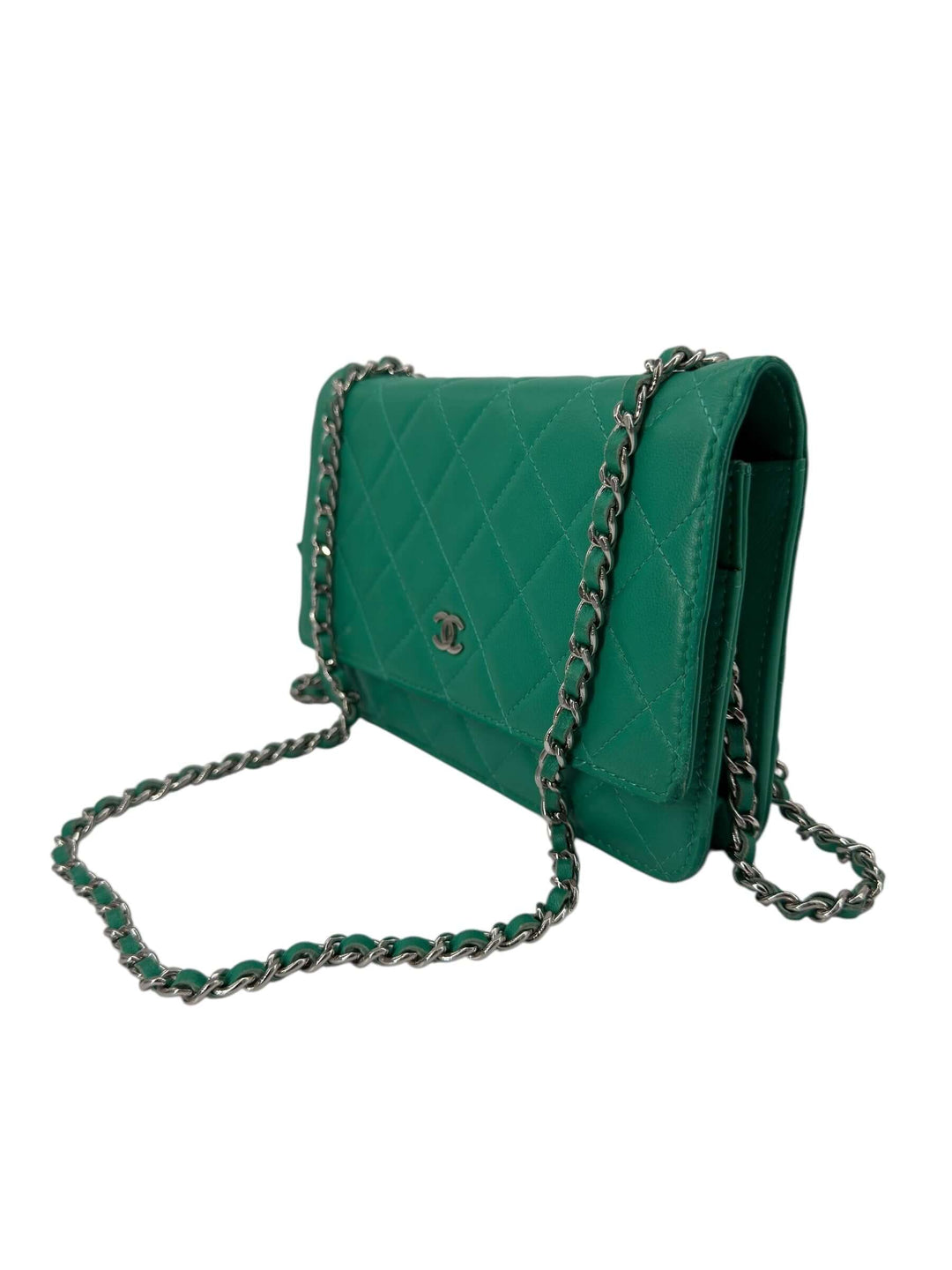 Chanel Green Quilted Leather Wallet on Chain with Silver Hardware side view with chain strap.