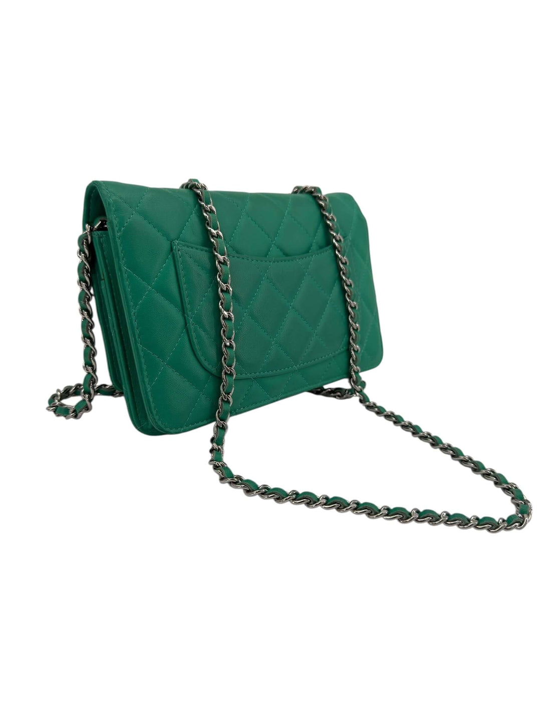 Chanel Green Quilted Leather Wallet on Chain with Silver Hardware, a stylish compact luxury accessory.