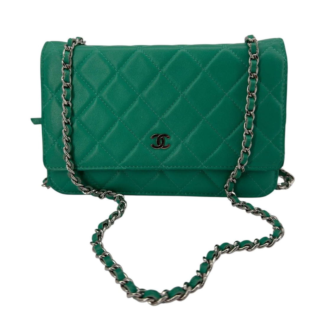 Chanel Green Quilted Leather Wallet on Chain with Silver Hardware front view, showcasing supple green leather and silver-tone chain.