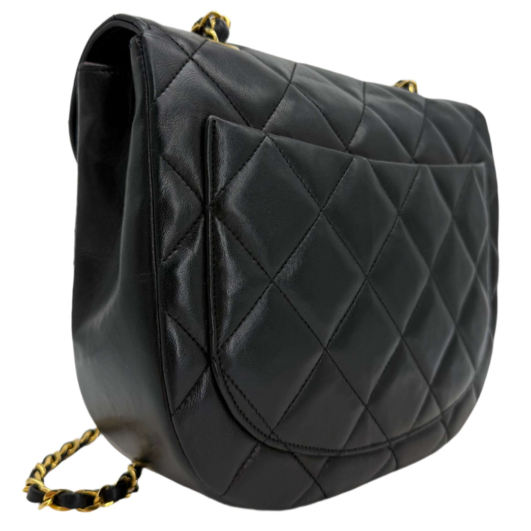 Chanel Lambskin Quilted Small Single Flap Bag in black with diamond pattern and gold chain