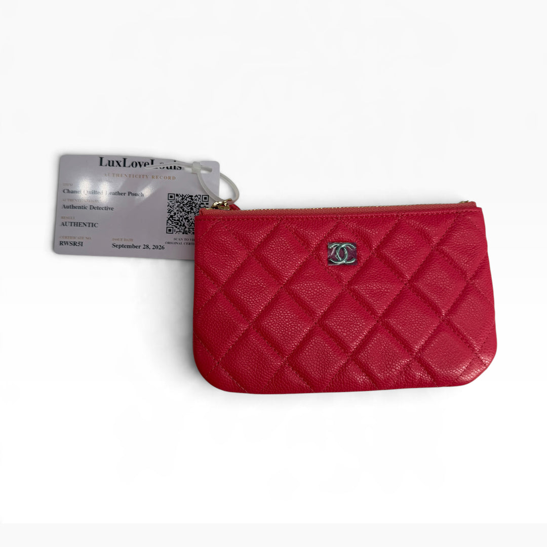 CHANEL Mini O-Case red quilted caviar-textured leather pouch front with CC logo and LuxLoveLouis record