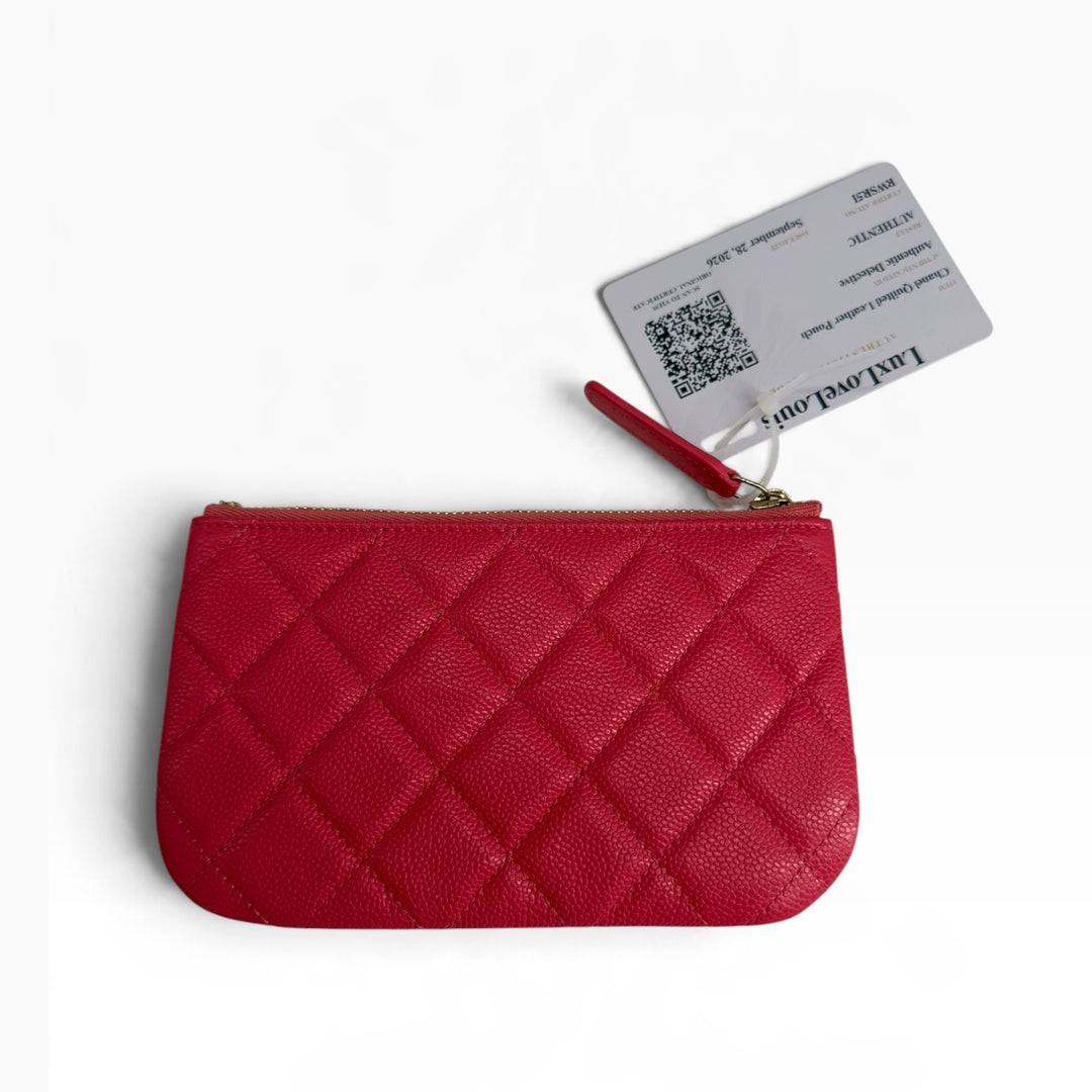 Reverse of red CHANEL Mini O-Case with diamond quilted grained leather and zipper pull