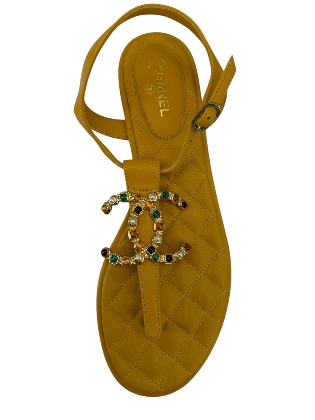 CHANEL Mustard Embellished Sandals – Size 41 with jeweled CC embellishment on a quilted footbed.
