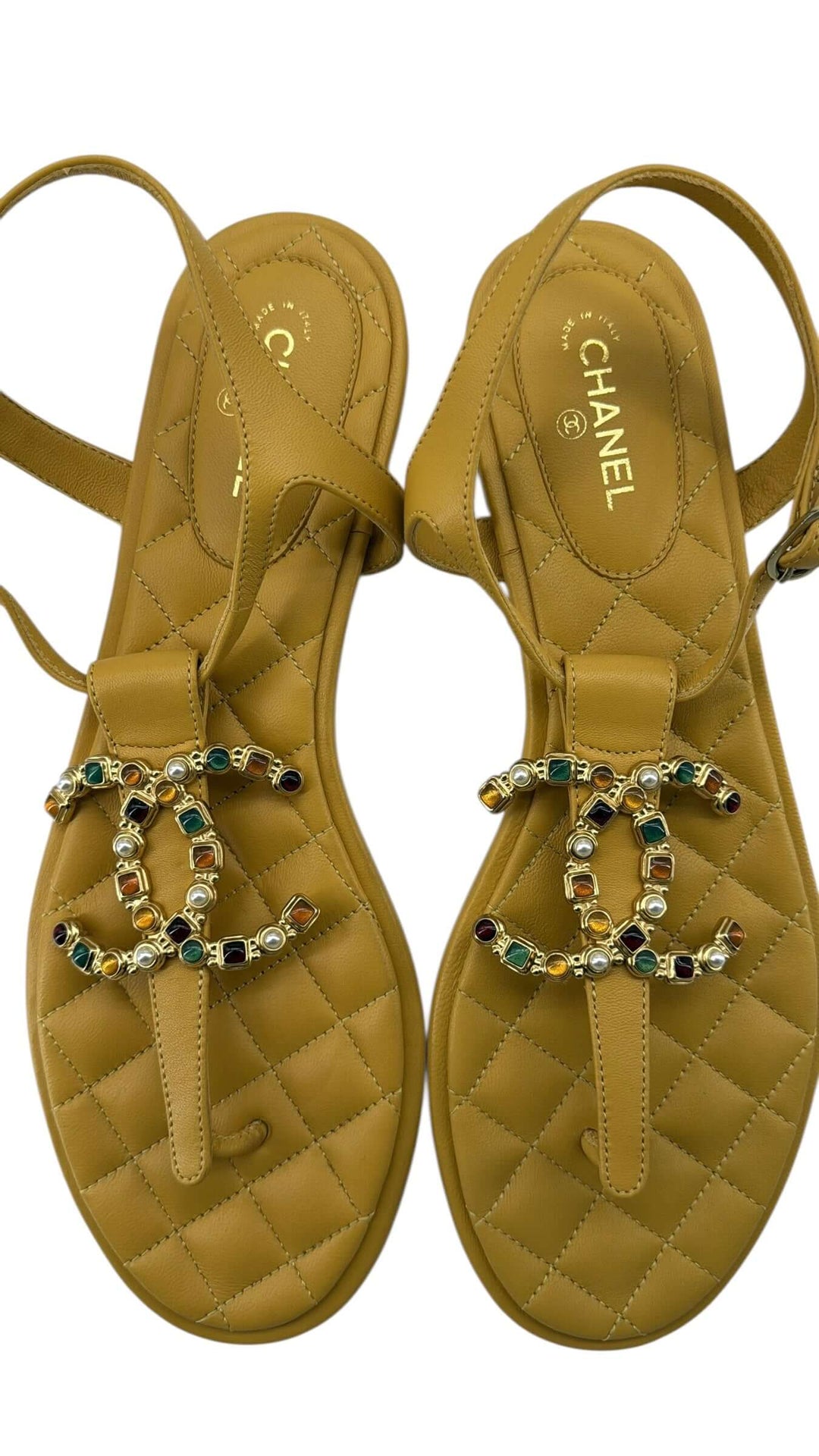 CHANEL Mustard Embellished Sandals – Size 41 featuring jeweled CC logo and quilted footbed.