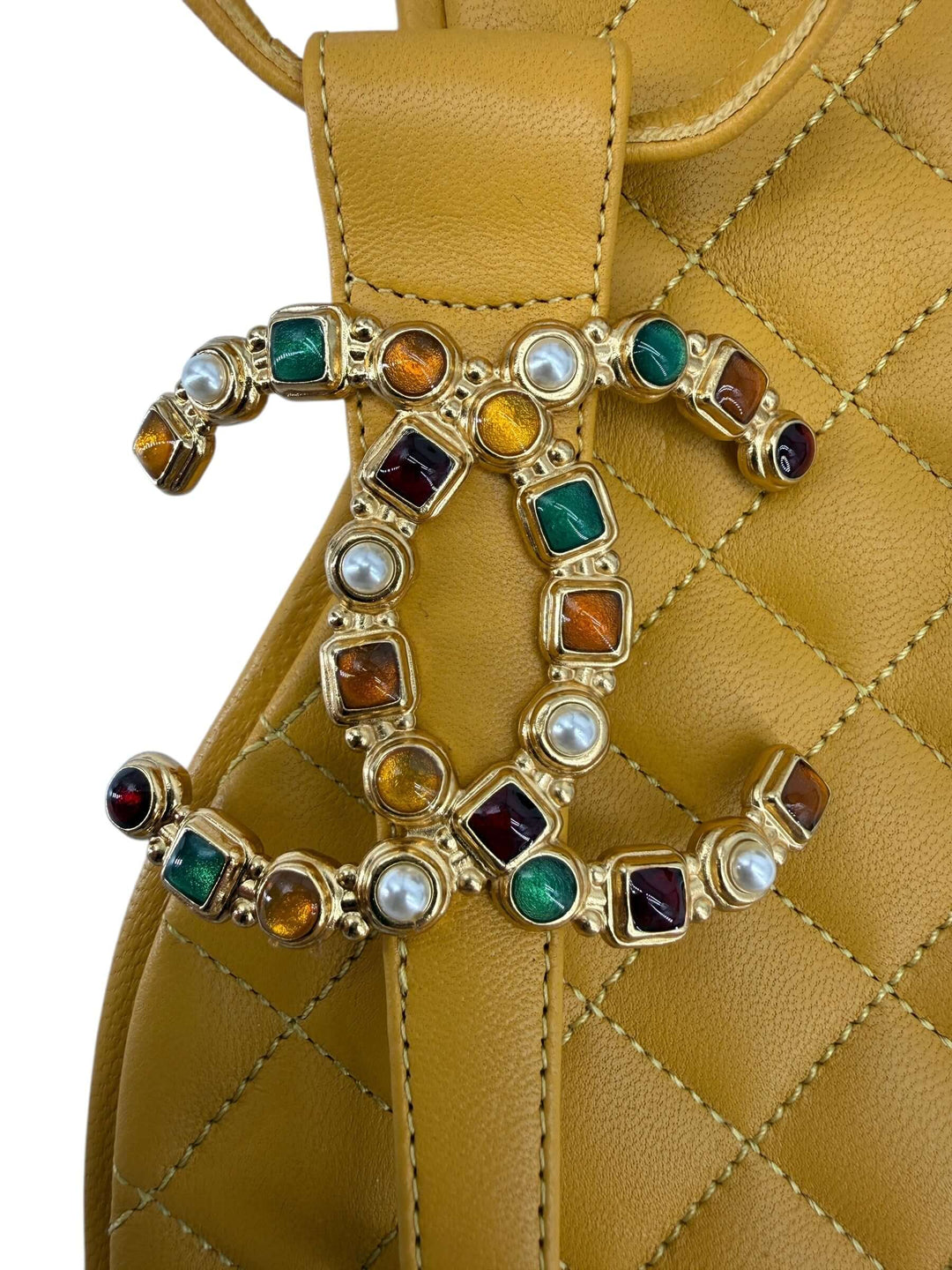 CHANEL Mustard Embellished Sandals – Size 41 with ornate jeweled CC logo on quilted leather.