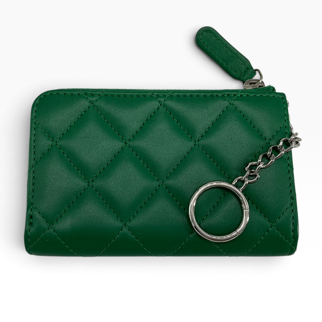Chanel green quilted zipped key holder rear with diamond quilting and attached silver-tone chain and key ring