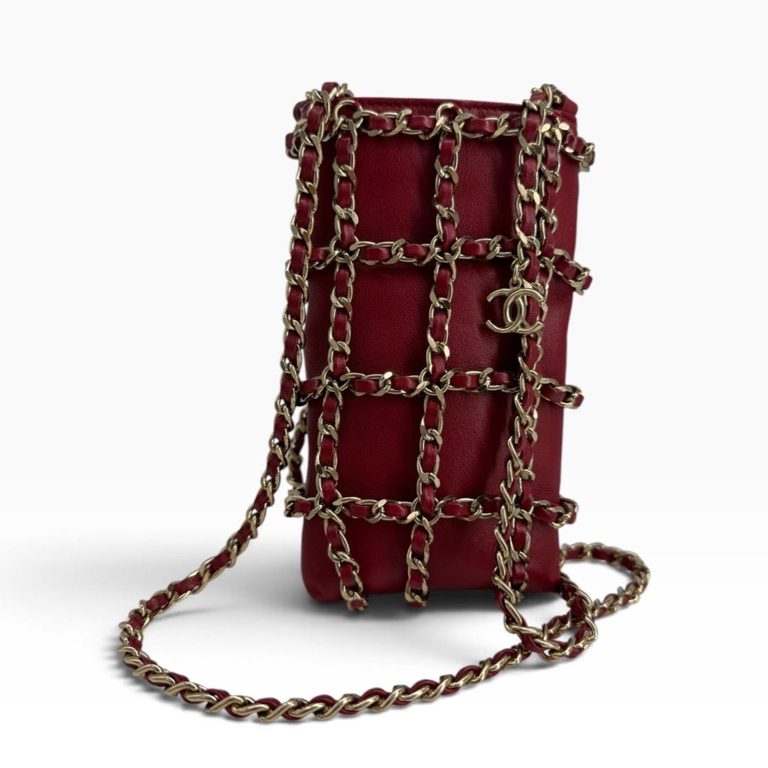 Chanel red lambskin chain cage phone holder front view