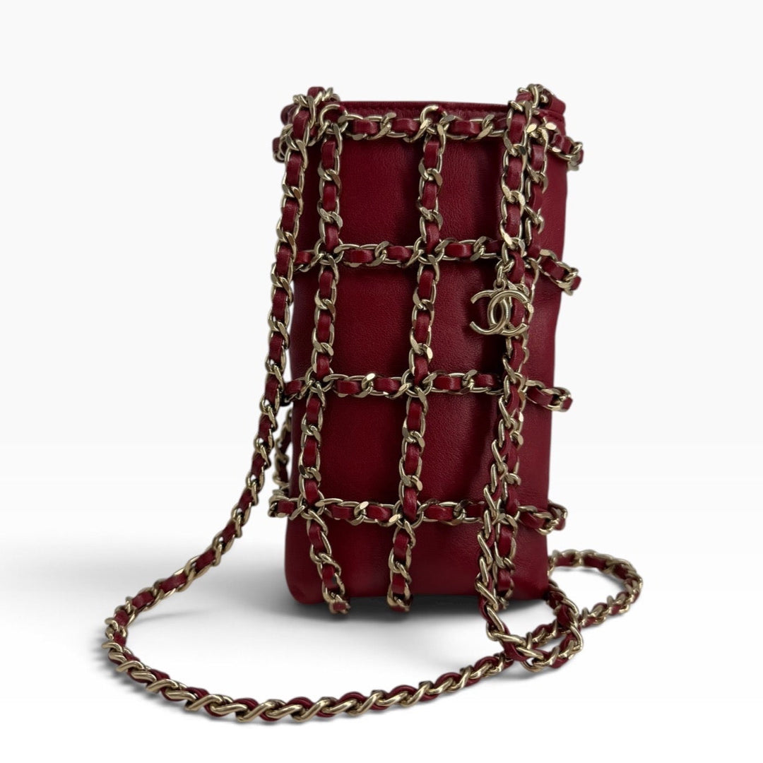 Chanel red lambskin chain cage phone holder with CC charm