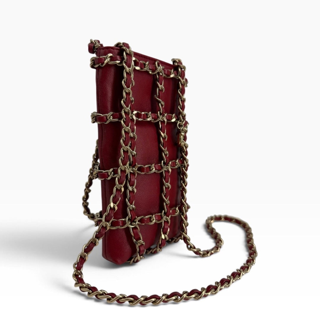 Chanel red lambskin chain cage phone holder rear view