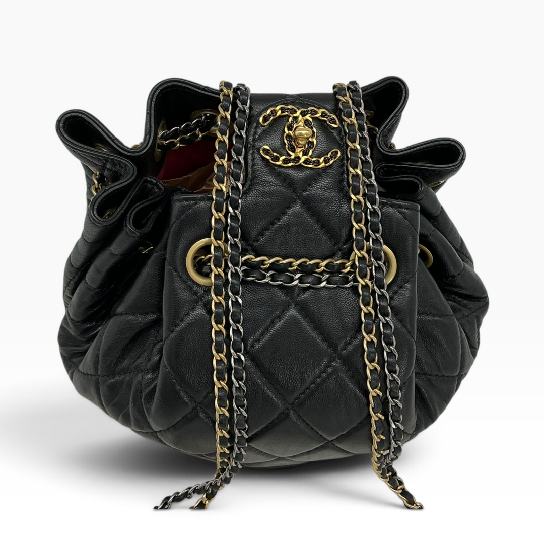 Chanel Small 19 Bucket Bag in black quilted calfskin with gold-tone chain shoulder straps