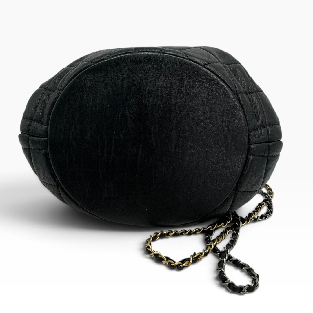 Chanel Small 19 Bucket Bag black bottom view showing base and quilted calfskin construction