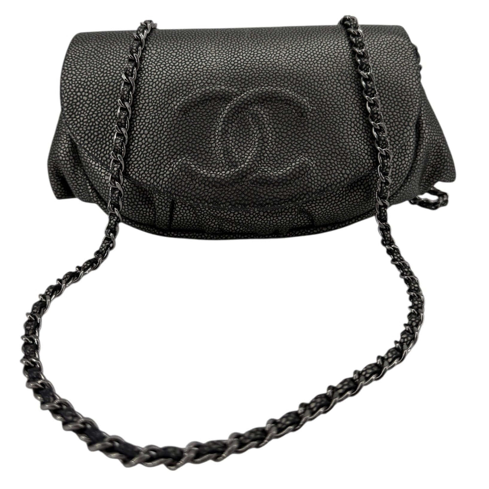 Chanel Wallet on Chain Double C Leather Crossbody Bag – Dark Metallic Black with brushed silver chain strap.