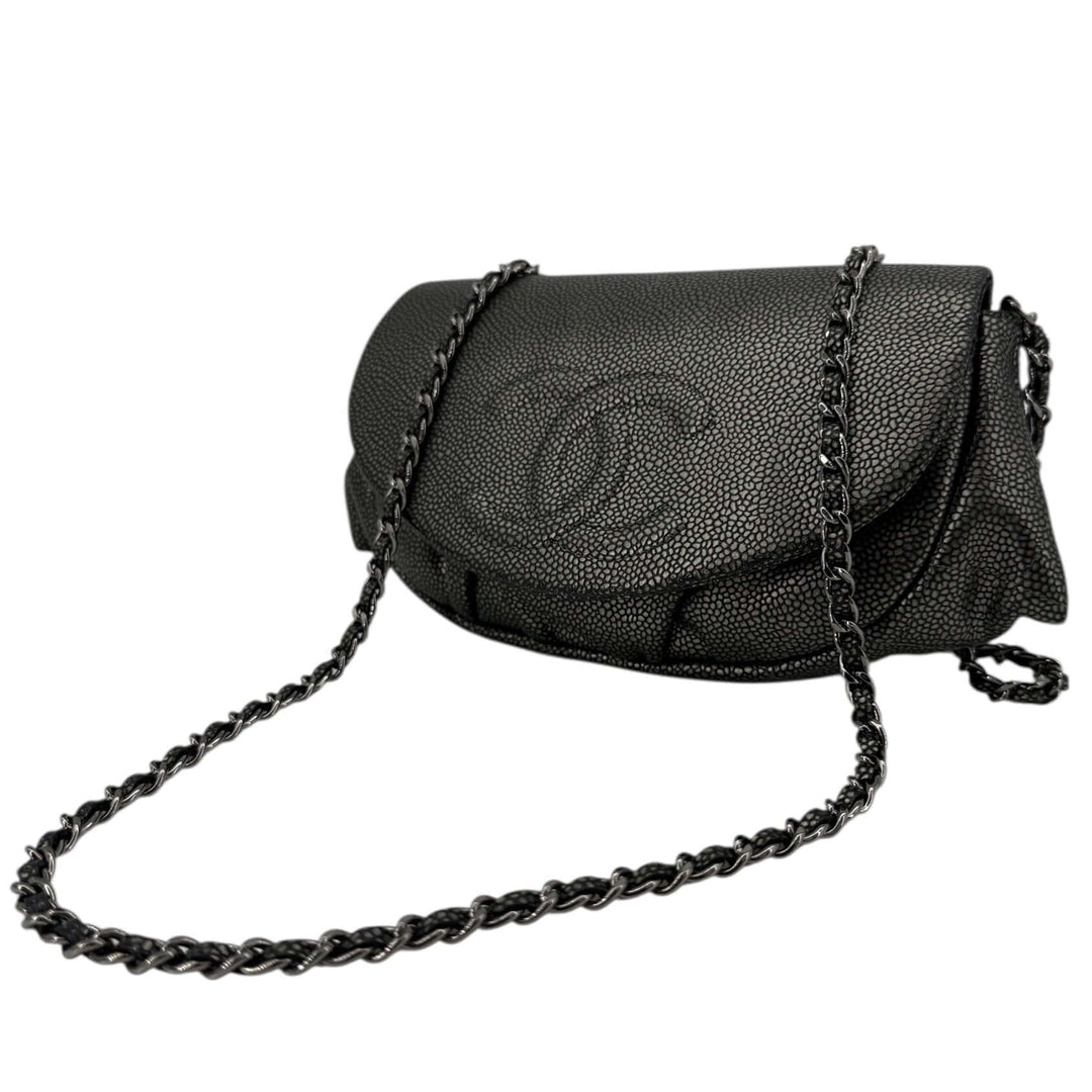 Chanel Wallet on Chain Double C Leather Crossbody Bag – Dark Metallic Black with embossed logo and interwoven chain strap.