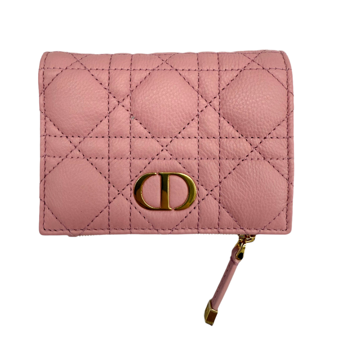 Christian Dior Cannage Caro Slim Wallet in Glycine Pink, crafted from supple calfskin leather with gold hardware.