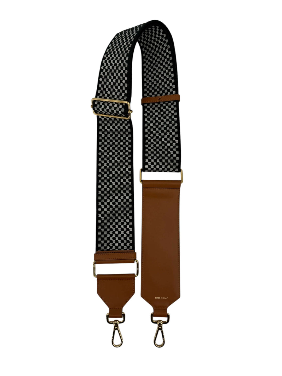 Fendi Checkered Bag Strap with Leather Trim features a black and white check pattern and smooth brown leather accents.