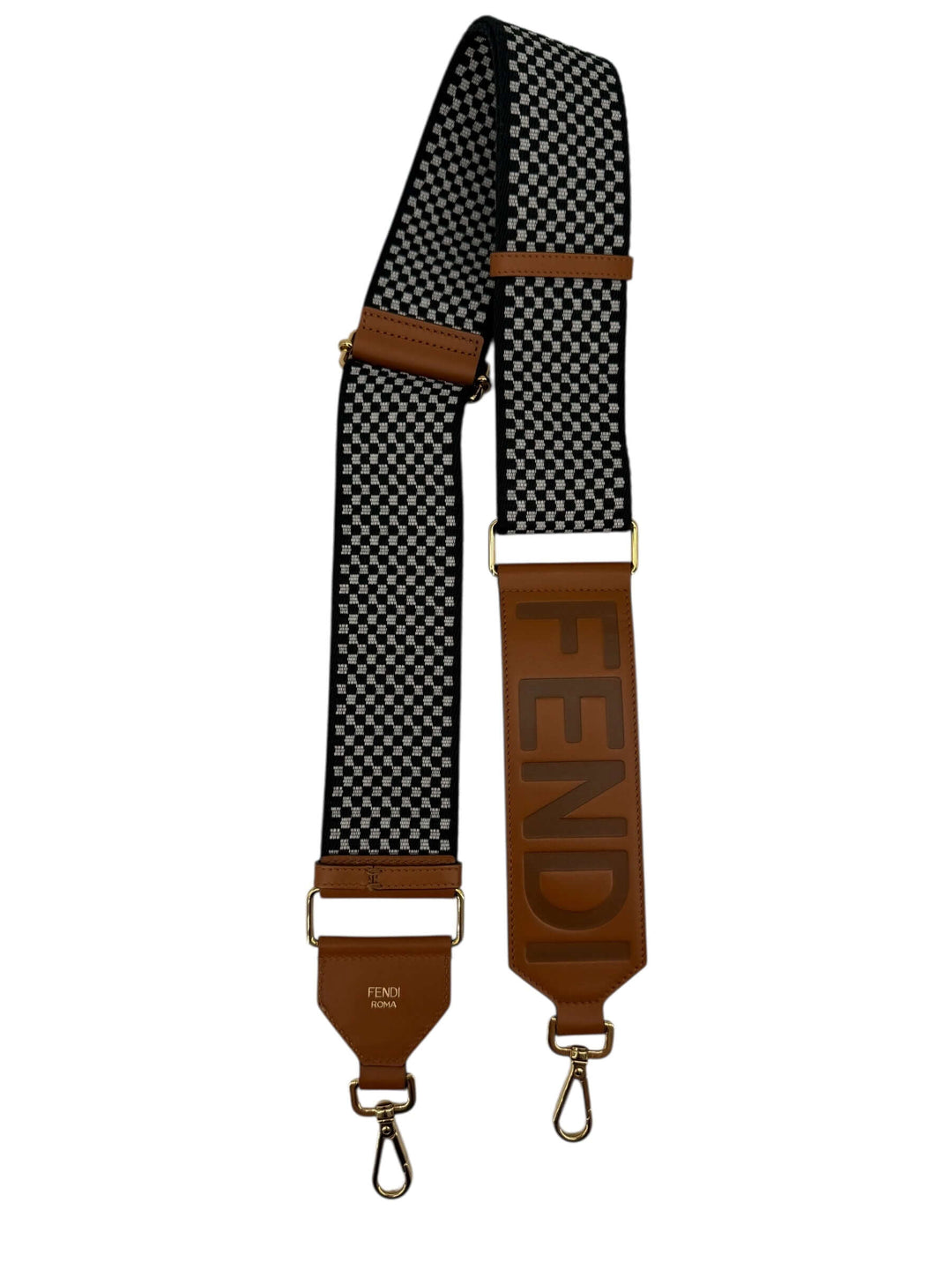 Fendi Checkered Bag Strap with Leather Trim featuring a classic black and white check pattern and brown leather accents.