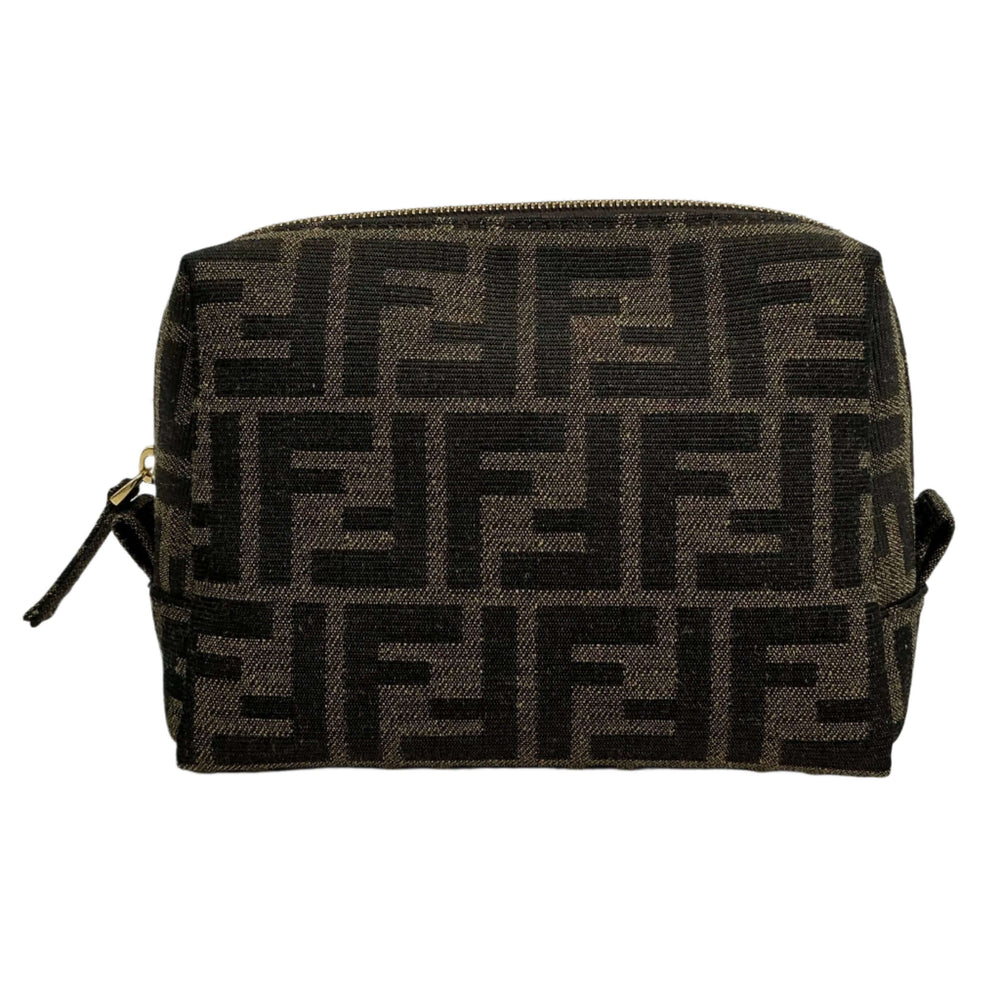 Fendi FF 1974 Trapezoid Beauty Pouch in brown and black jacquard canvas, stylish and compact cosmetic case.