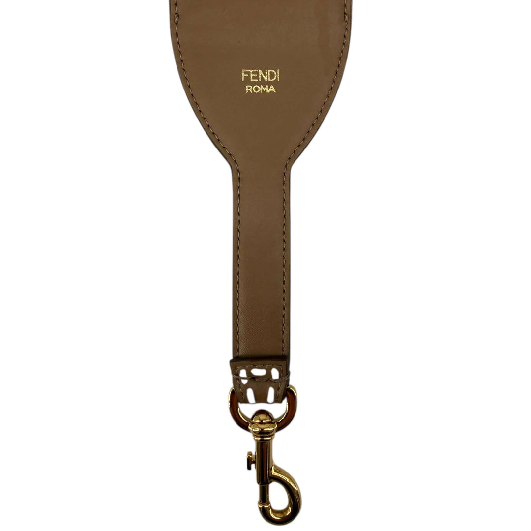 Fendi Shearling & Leather Checkered Bag Strap with gold logo and metal clip, showcasing luxurious craftsmanship.