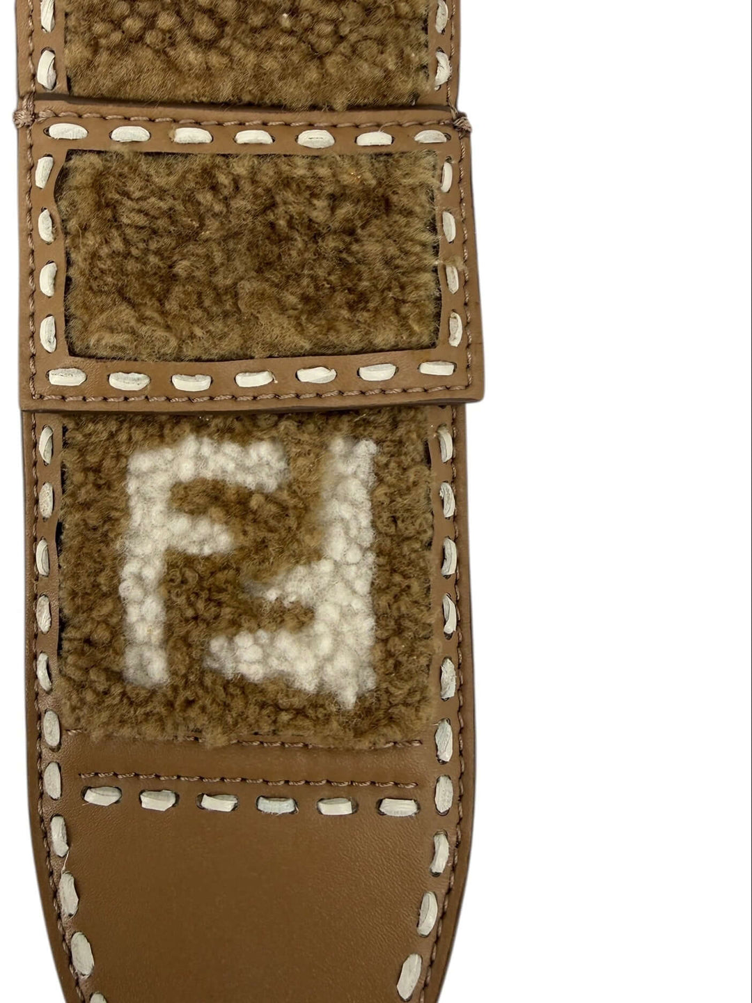 Fendi Shearling & Leather Checkered Bag Strap featuring textured shearling and smooth leather for stylish handbag enhancement.