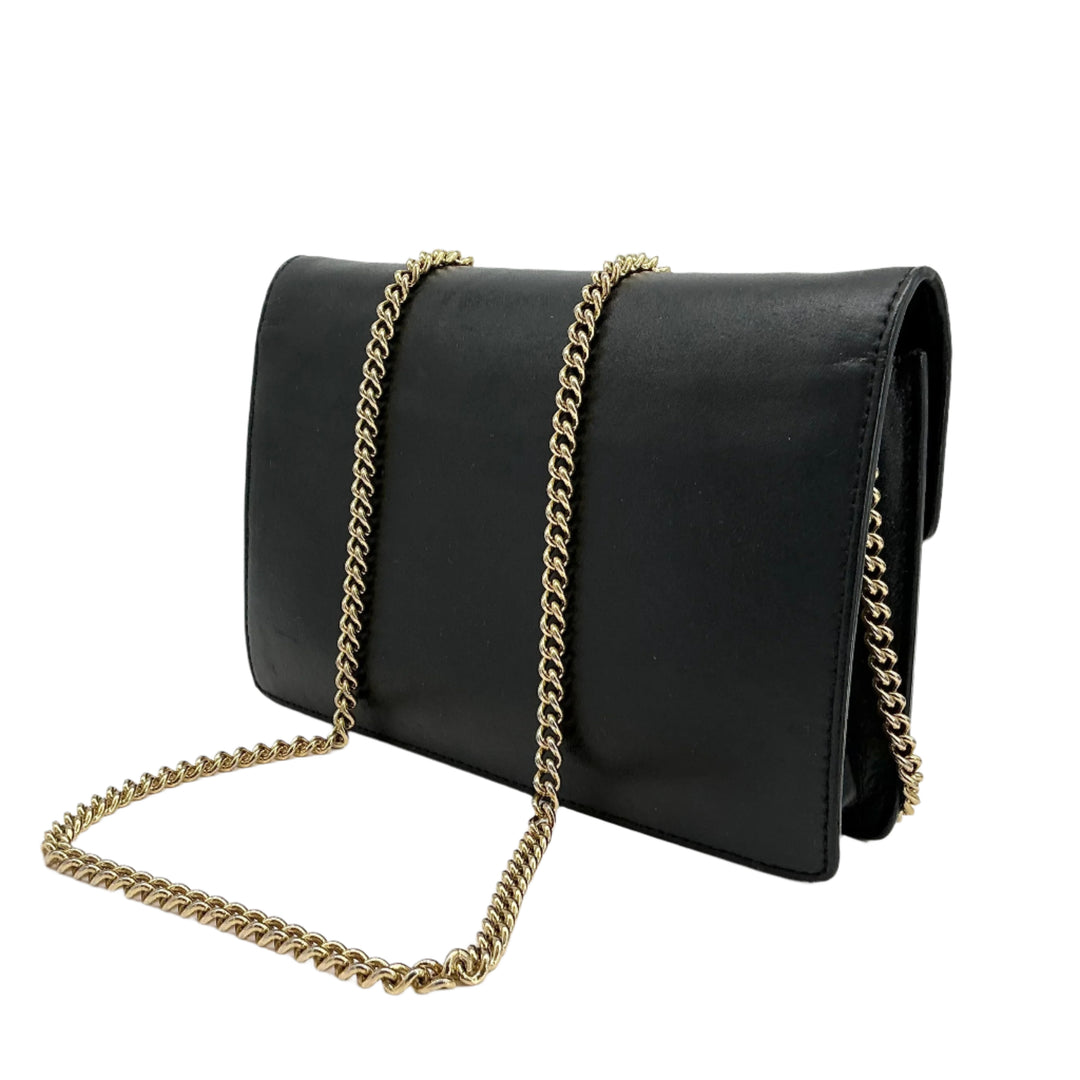 Fendi Vitello Liberty F medium envelope wallet on chain in black leather with gold-tone chain strap.