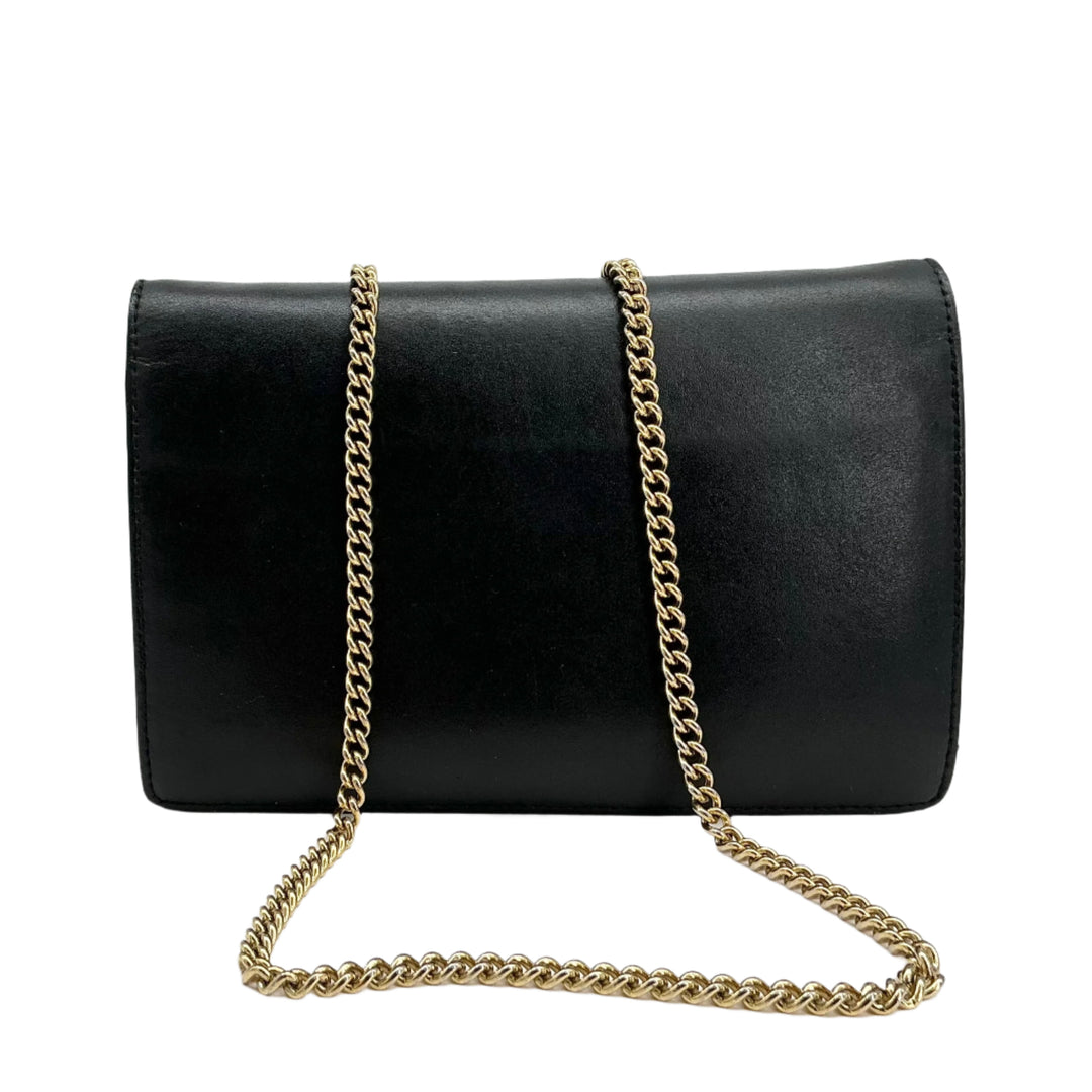 Fendi Vitello Liberty F Medium Envelope Wallet on Chain in black leather with gold-tone chain.