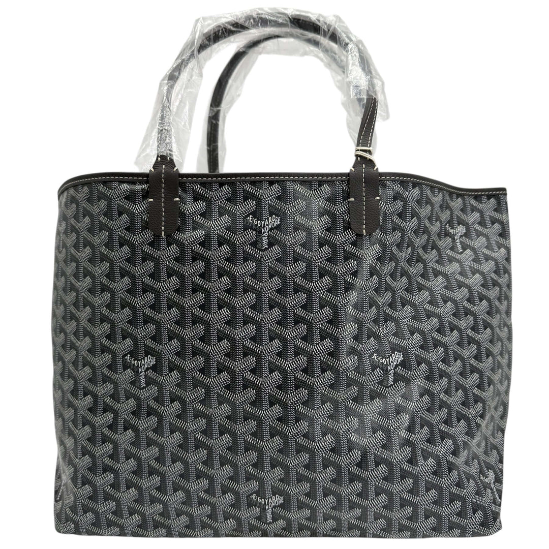 Goyard Goyardine Saint Louis PM Tote in grey with chevron print and leather trim, perfect for everyday use.