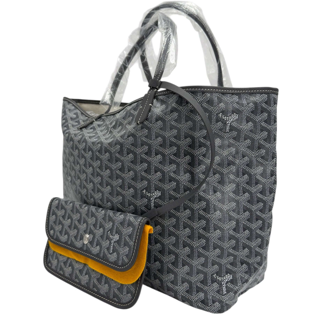 Goyard Goyardine Saint Louis PM Tote in Grey with removable pouch, showcasing iconic chevron pattern and elegant design.