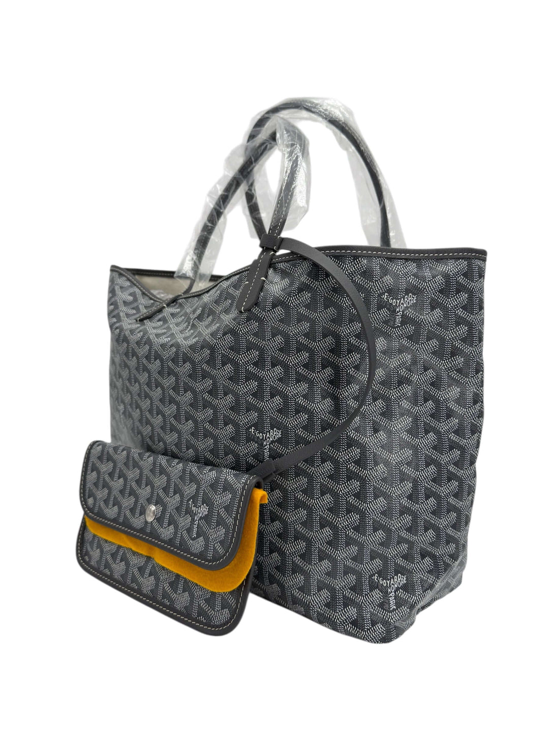 Goyard Goyardine Saint Louis PM Tote in Grey with matching pouch, showcasing iconic chevron-patterned design.