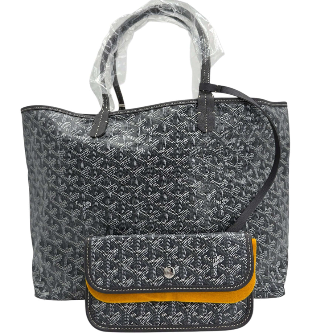 Goyard Goyardine Saint Louis PM Tote in Grey with yellow-accented pouch, showcasing luxury and style.