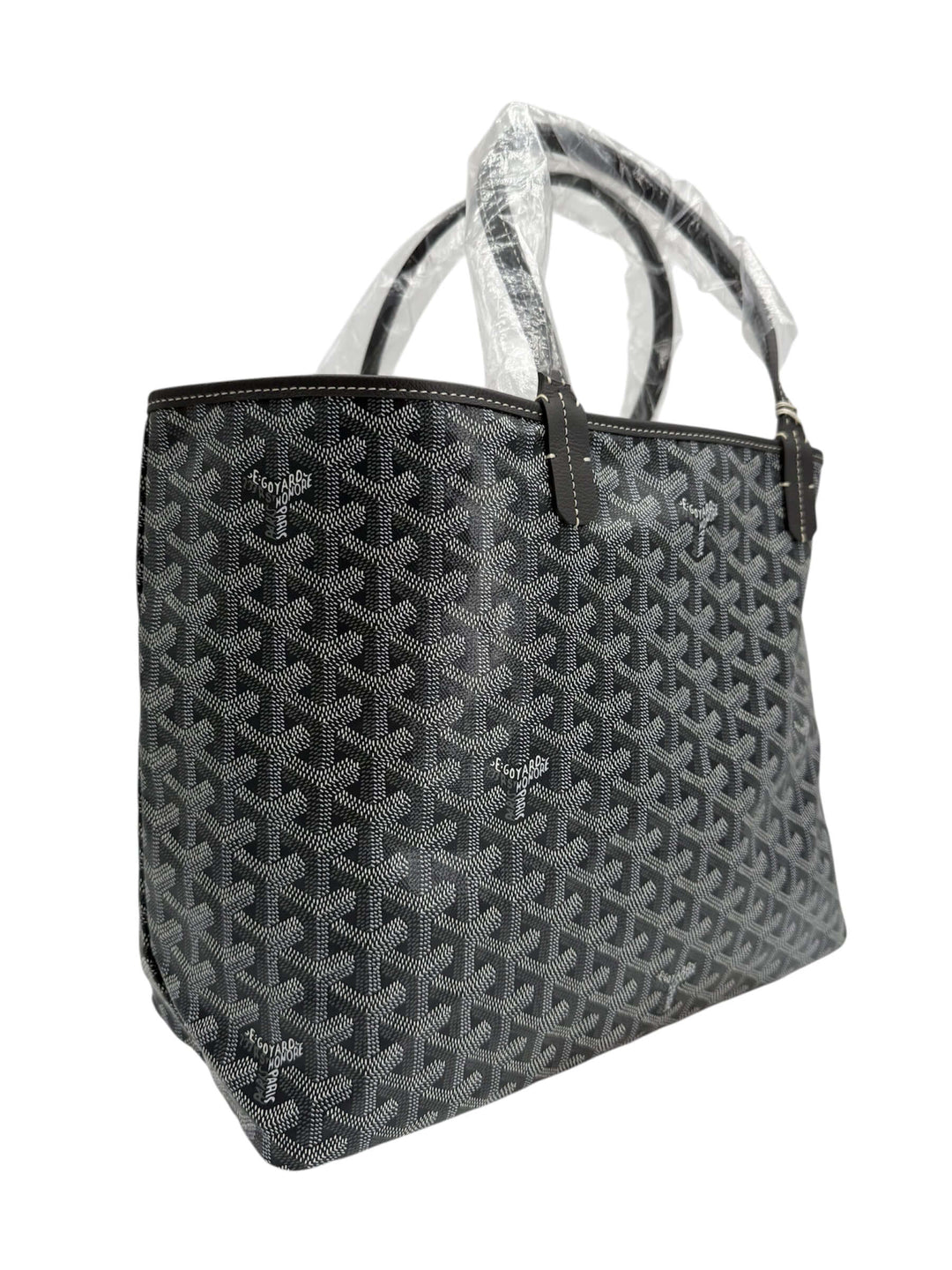 Goyard Saint Louis PM Tote in grey chevron-printed canvas with leather trim, perfect for luxury everyday use.