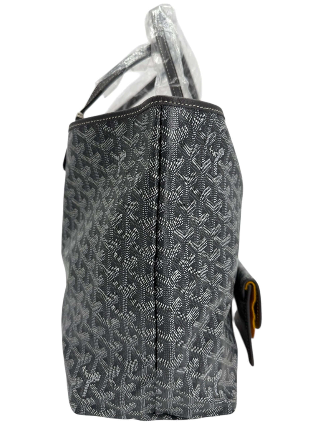 Side view of Goyard Goyardine Saint Louis PM Tote in Grey showcasing the chevron-printed canvas and leather trim.