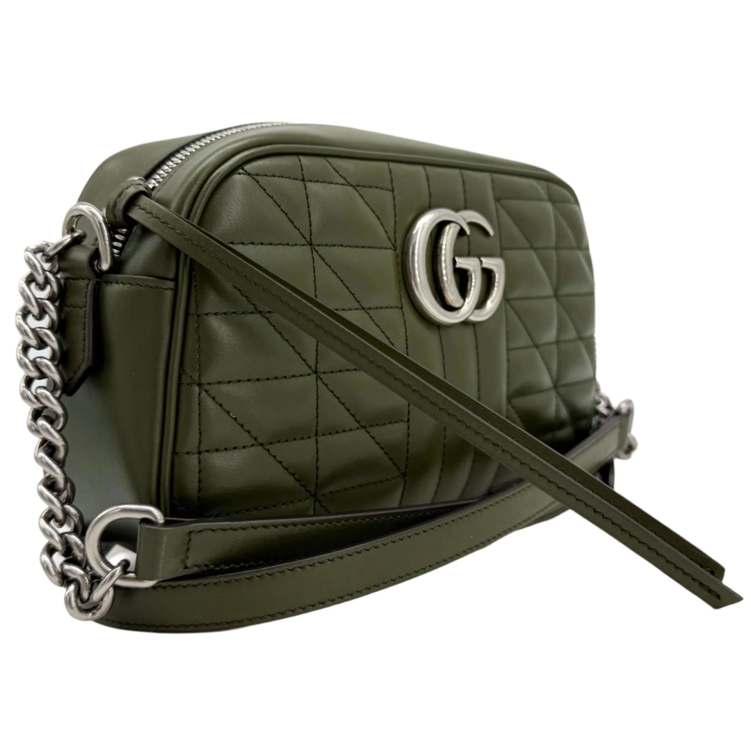 Gucci Calfskin Matelasse Aria Small GG Marmont Chain Shoulder Bag in Military Wood color, featuring iconic GG logo and quilted design.