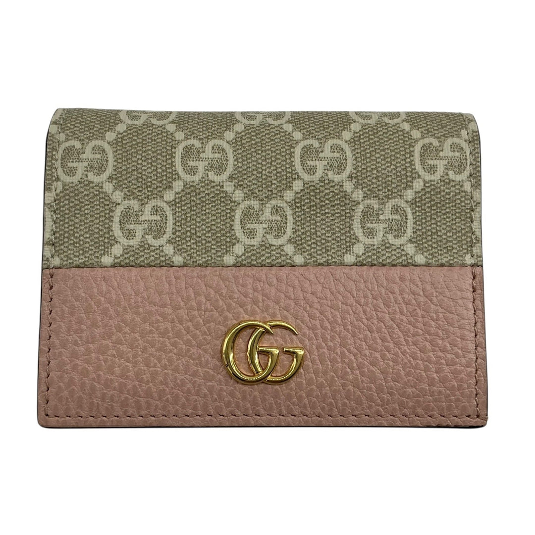Gucci GG Marmont compact wallet in pink leather and beige GG Supreme canvas with gold Double G