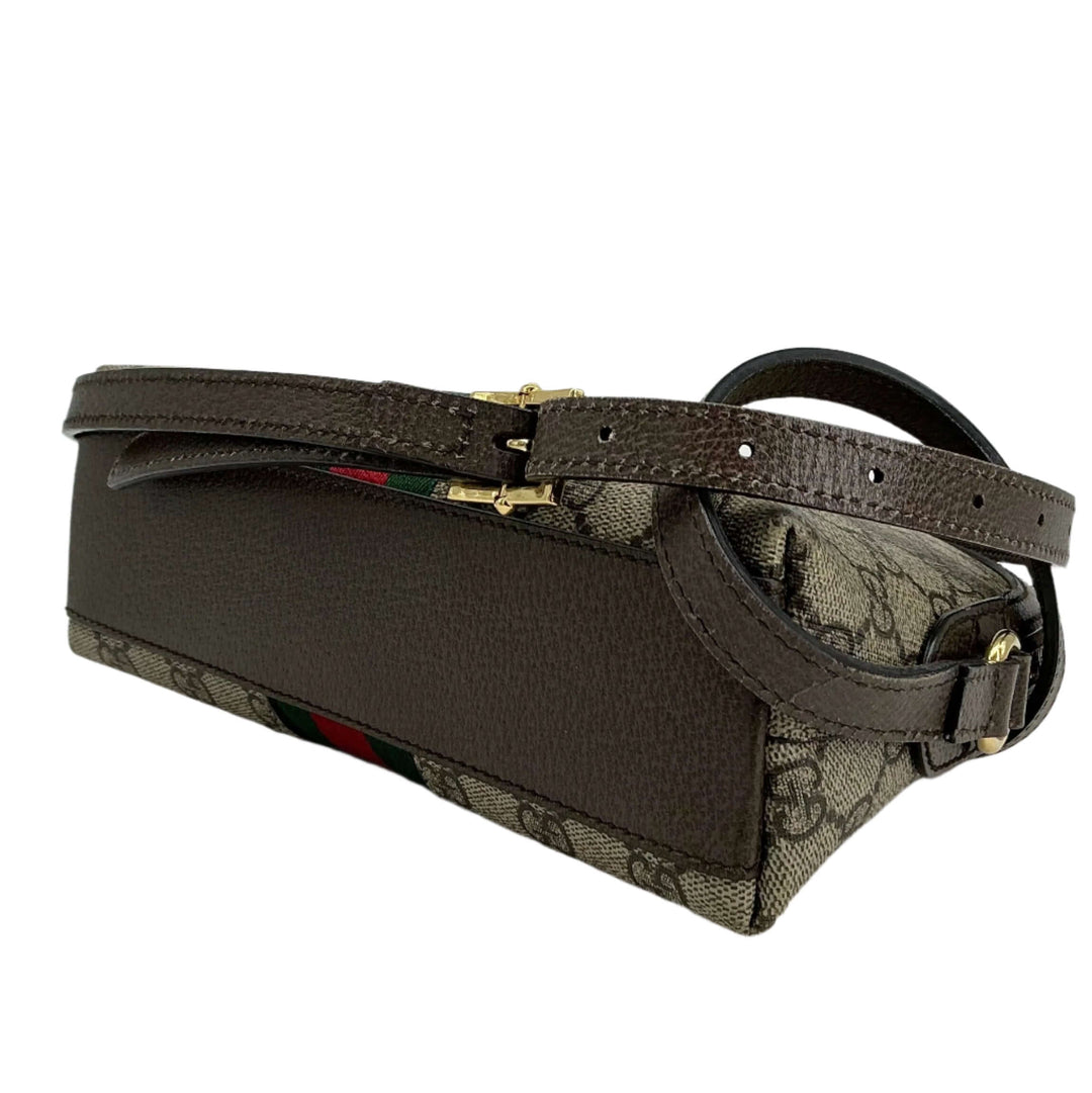 Gucci GG Supreme Dome Shoulder Bag in brown leather and canvas with Web stripe and double G charms.