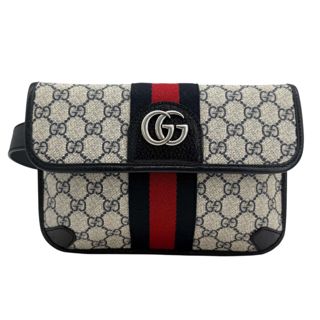 Gucci GG Supreme Monogram Web Ophidia Belt Bag in beige with red and navy stripe.