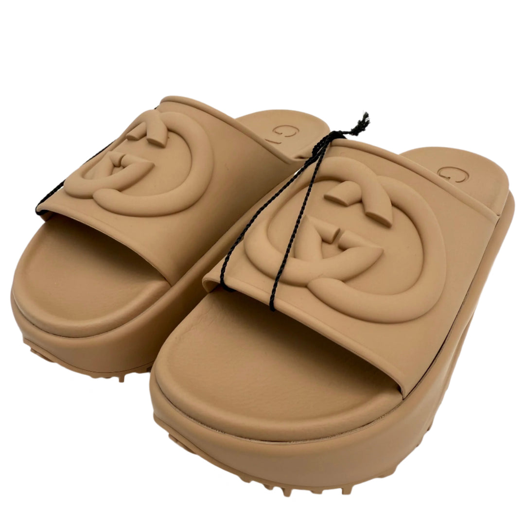 Gucci Interlocking G Platform Slide Sandals in Vintage Camel, soft rubber, modern minimalist design, size 36.