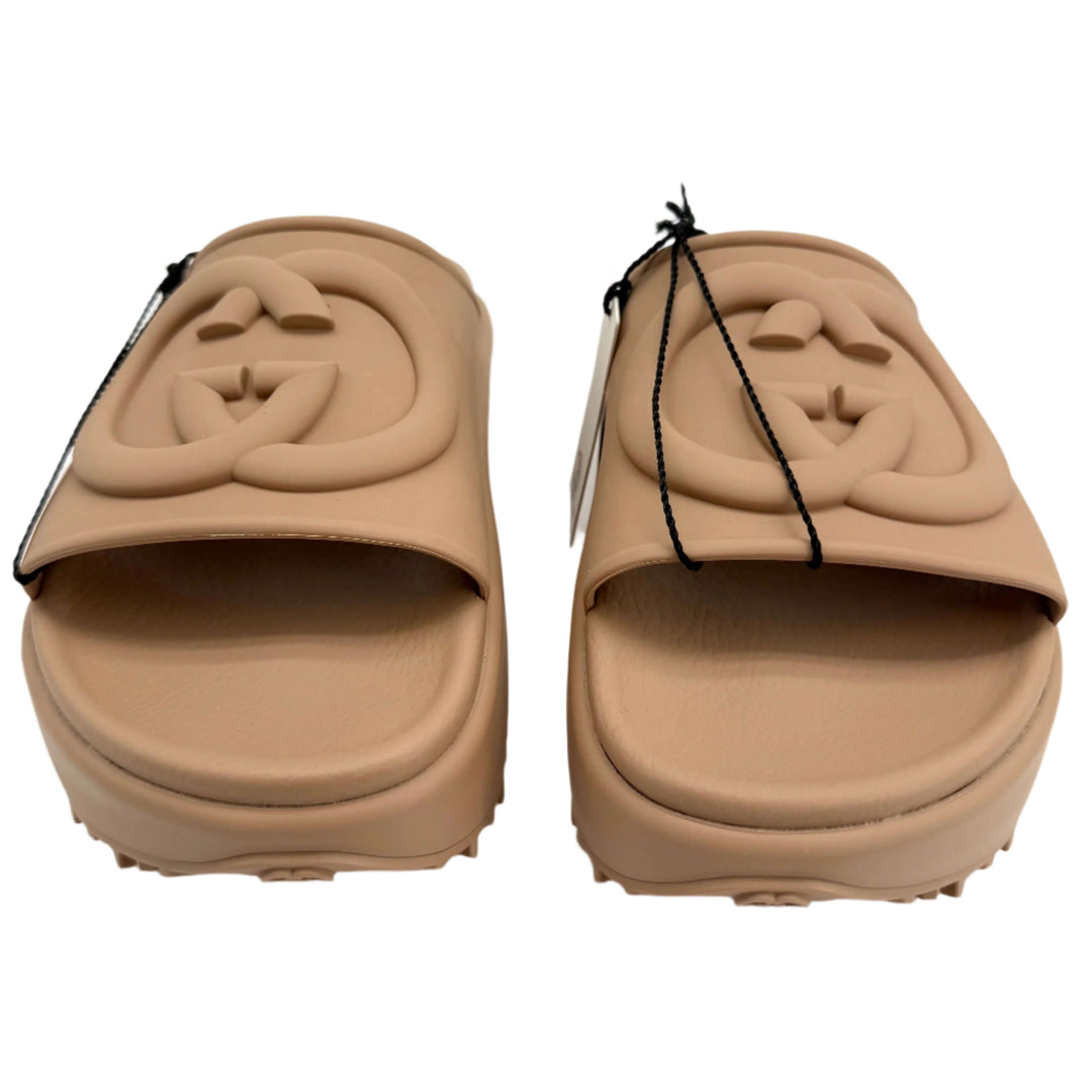 Gucci Interlocking G Platform Slide Sandals in Vintage Camel, soft rubber, size 36, modern minimalist design.