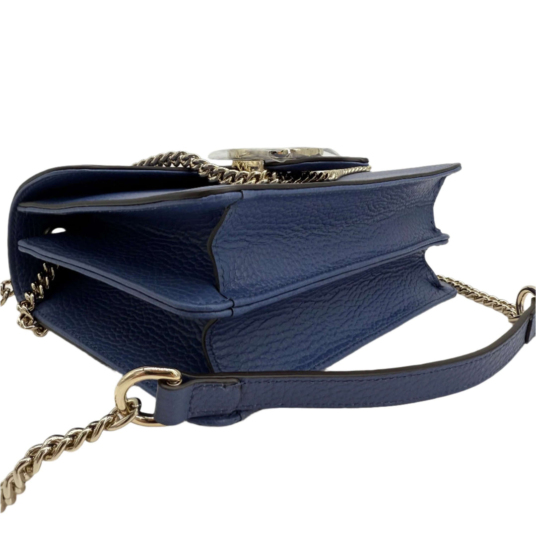 Gucci Interlocking G Small Shoulder Bag in blue dollar calfskin leather with gold-tone chain strap and elegant design.