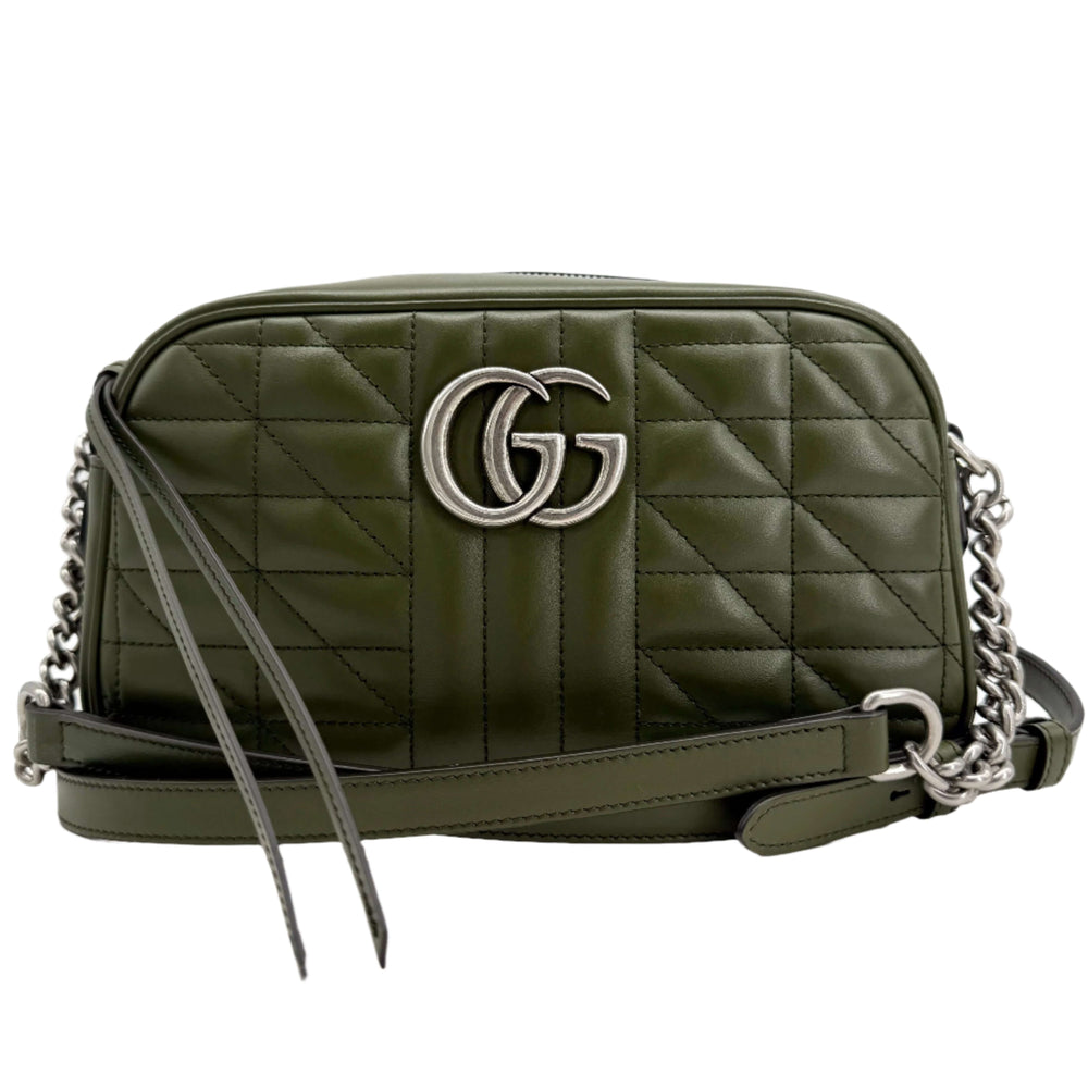 Gucci Matelasse Aria Small GG Marmont Chain Shoulder Bag in Military Wood, dark green calfskin with quilted design and silver GG logo.