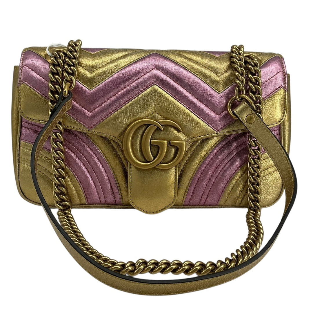 Gucci Mini GG Marmont metallic gold and pink shoulder bag front