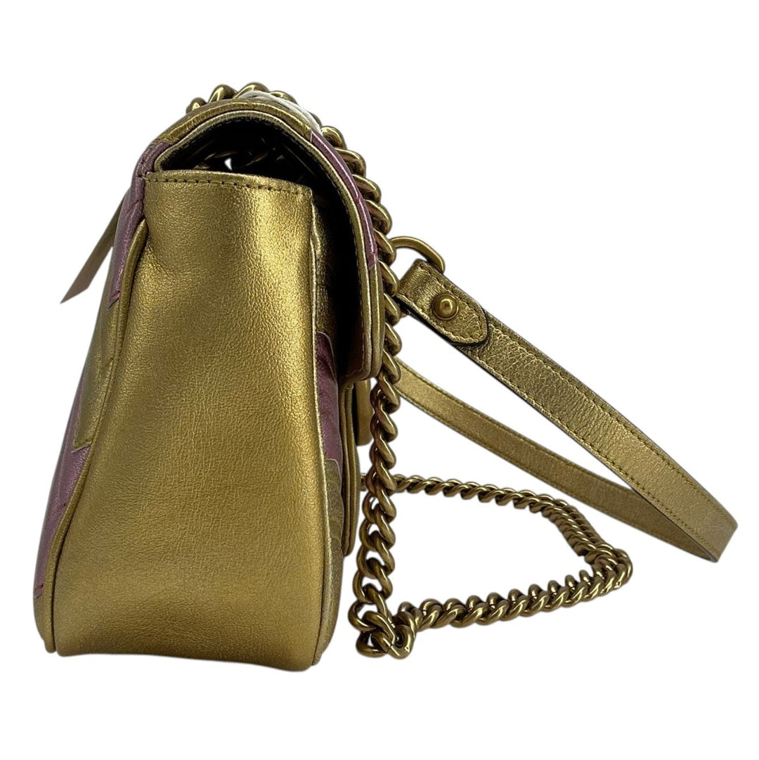 Side profile of Gucci Mini GG Marmont metallic gold calfskin bag