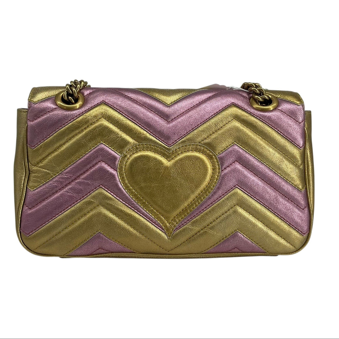Gucci Mini GG Marmont rear metallic gold and pink quilted calfskin